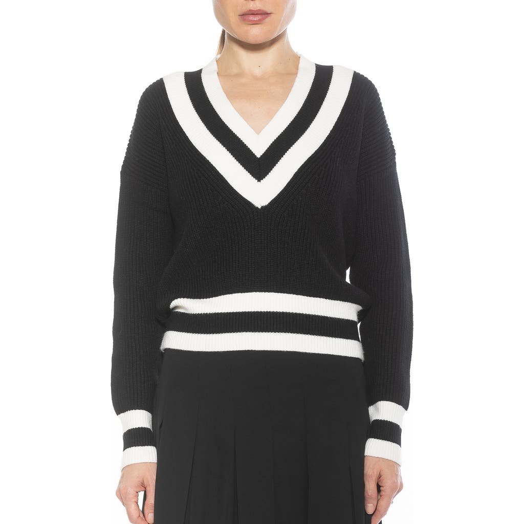 Alexia Admor Leona V-neck Varsity Polo Sweater In Black/ivory