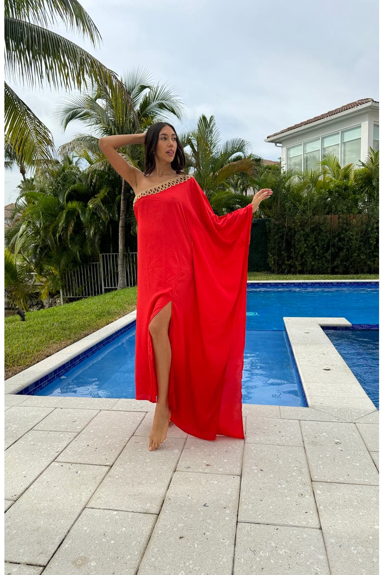 Embellished One-Shoulder Long Sleeve Cover-Up Dress, Alternate, color, RED