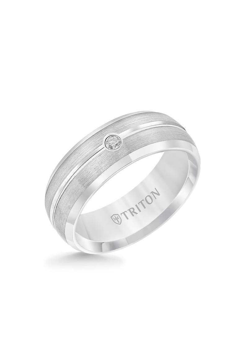 8MM Tungsten Carbide Rings with Single Diamond Center and Domed Bevel Edge, Main, color, Metallic Silver