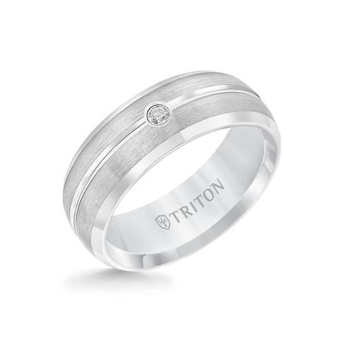 8MM Tungsten Carbide Rings with Single Diamond Center and Domed Bevel Edge