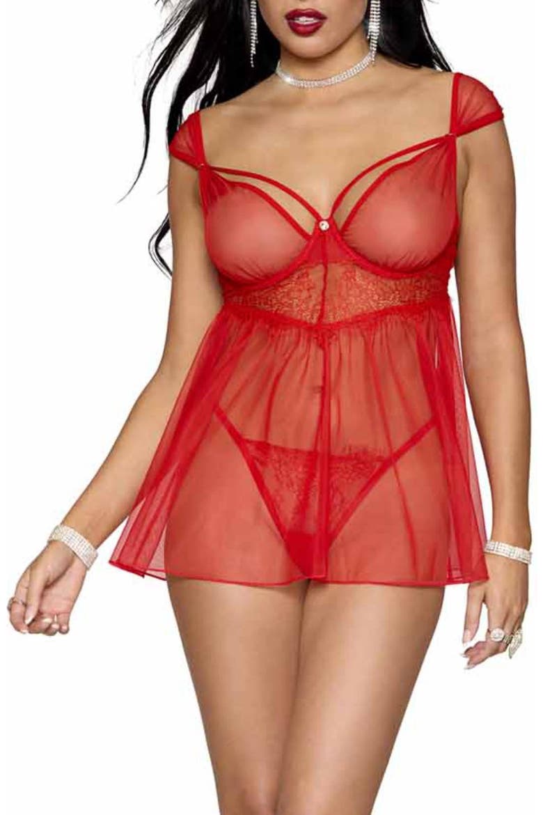 Underwire Babydoll Chemise & G-String Set, Main, color, RED