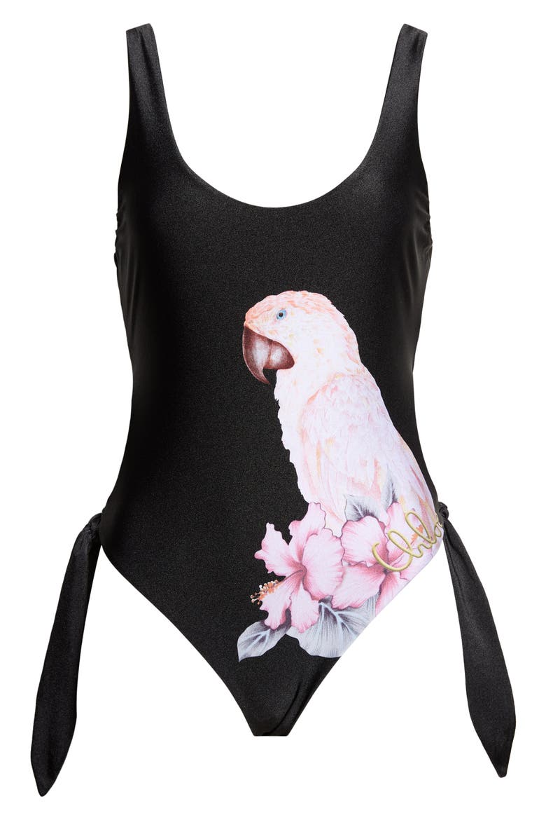 Parrot Print Cutout One-Piece Swimsuit, Alternate, color, BLACK MULTI