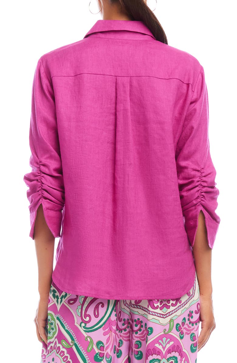 Karen Kane Ruched Sleeve Linen Button-Up Shirt, Alternate, color, Orchid
