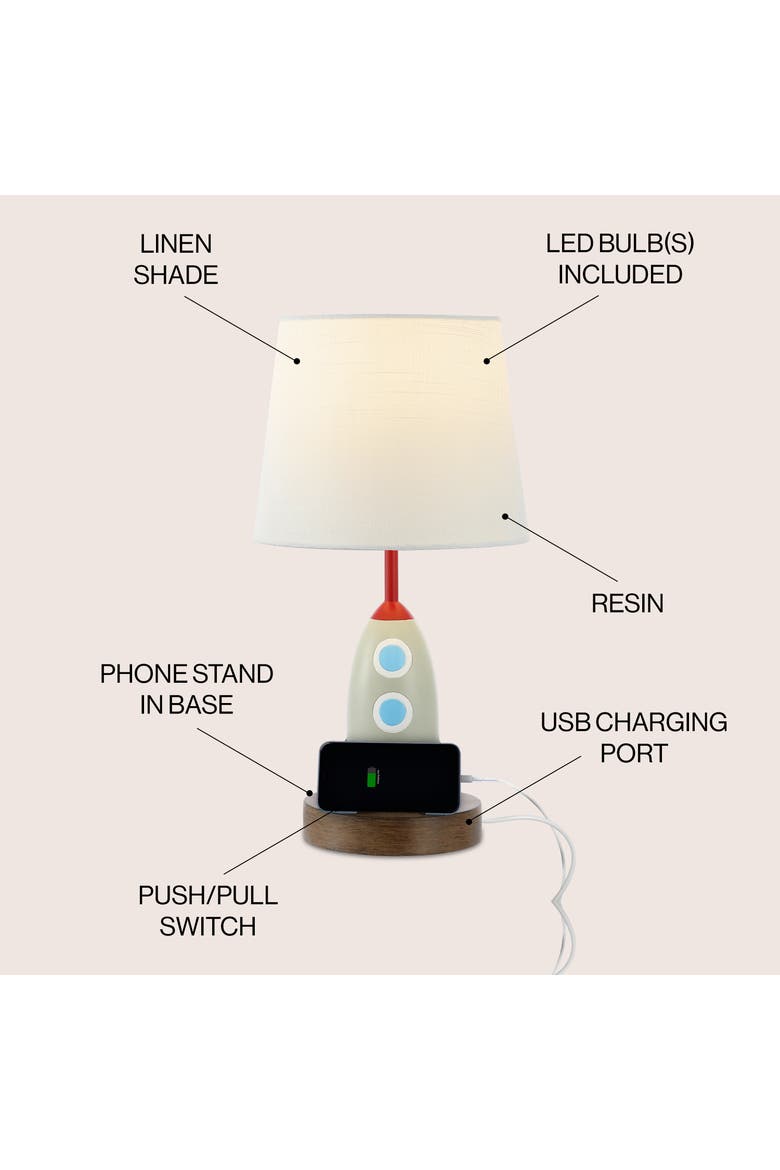 Houston Coastal Style Iron/Resin Rocket LED Kids' Table Lamp with Phone Stand and USB Charging Port, Alternate, color, Multi-Color