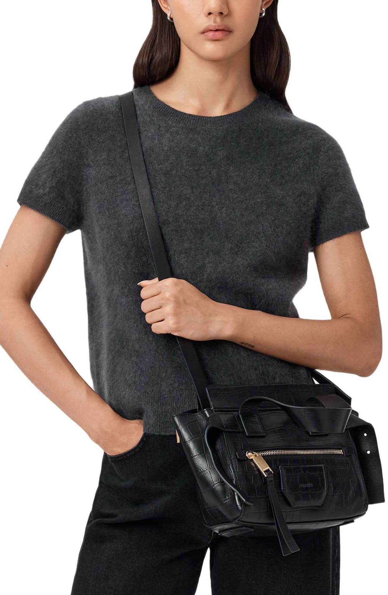 Perez Mini Croc Embossed Leather Crossbody Bag, Alternate, color, BLACK
