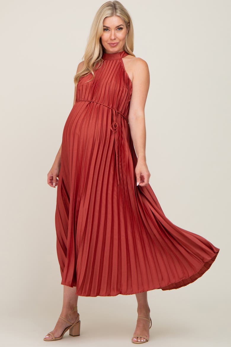 Pleated Halter Dress, Main, color, Rust