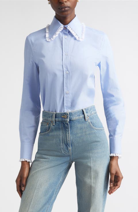 Lace Trim Cotton Oxford Button-Up Shirt