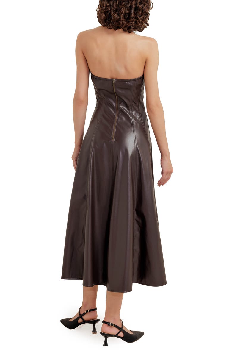 FREEMARKET Strapless Faux Leather Midi Dress, Alternate, color, Chocolate