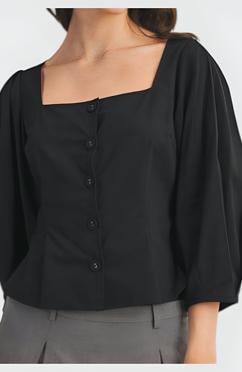 Modenaire Square Neck Long Sleeve Front Button Peplum Blouse In Black