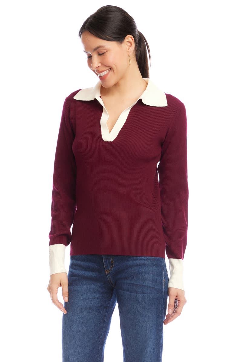 Karen Kane Contrast Rib Polo Sweater, Alternate, color, Wine/ Cream