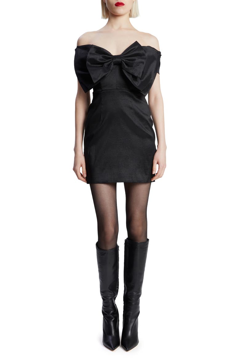 Bow Off the Shoulder Minidress, Main, color, BLACK
