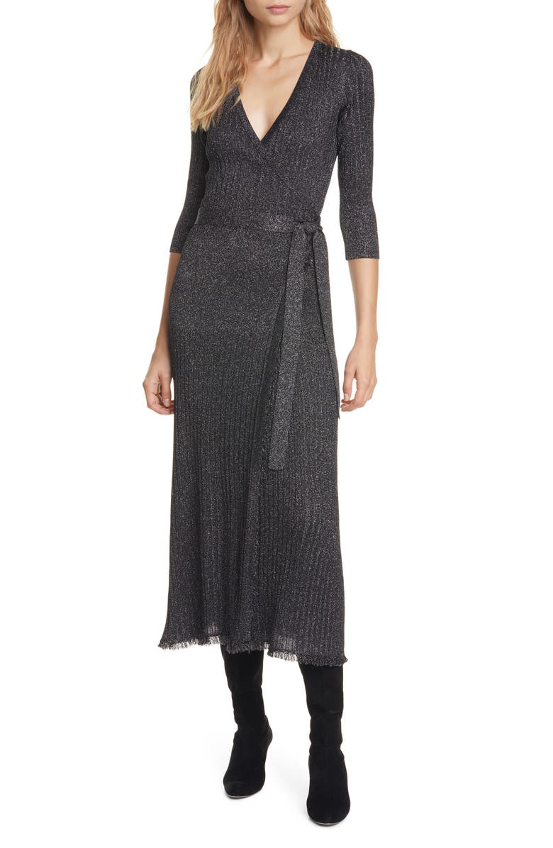 DVF Bobbi Metallic Detail Ribbed Wool Blend Midi Wrap Dress, Main, color,