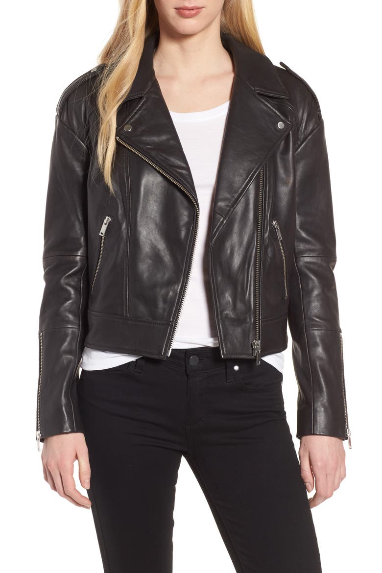 Crop Leather Biker Jacket, Main, color, BLACK