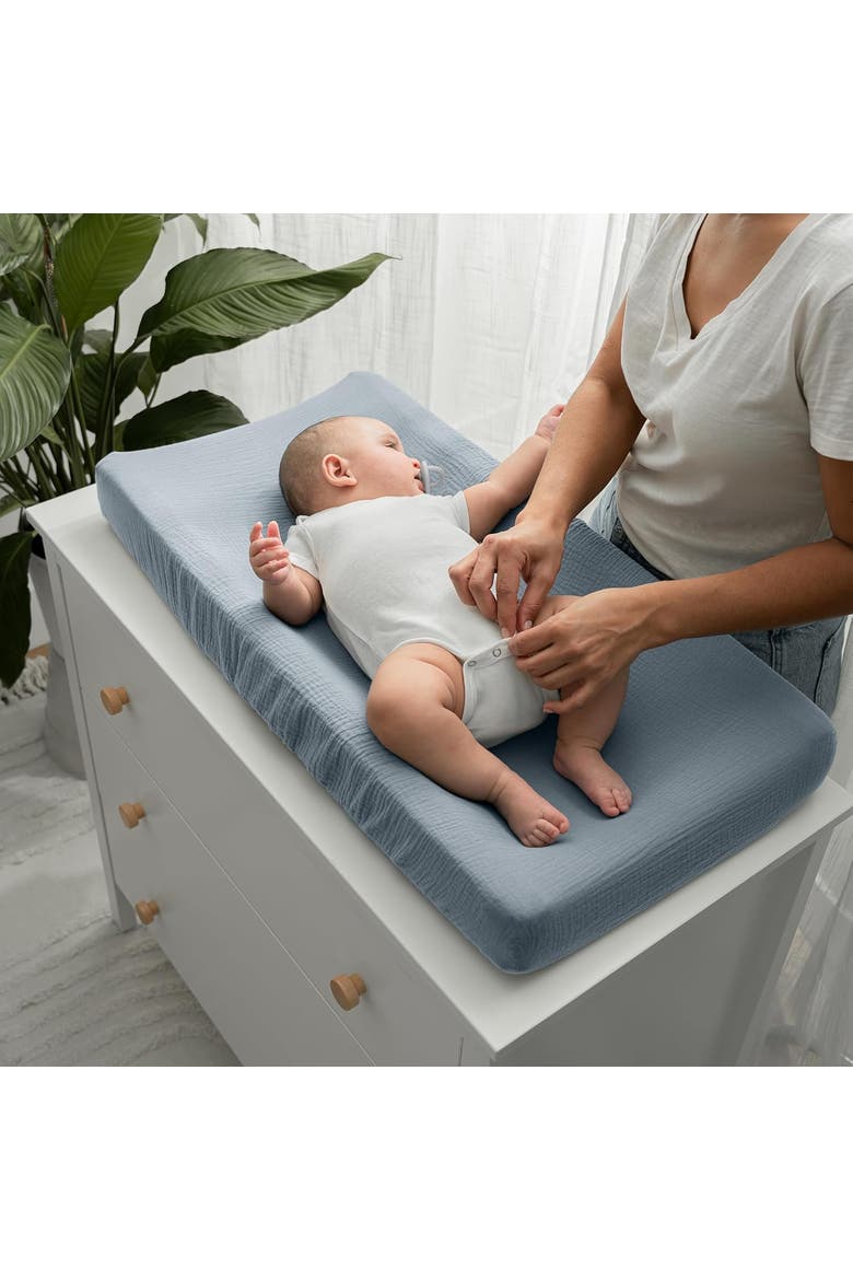 Muslin Fitted Changing Pad Cover, Alternate, color, Pacific Blue