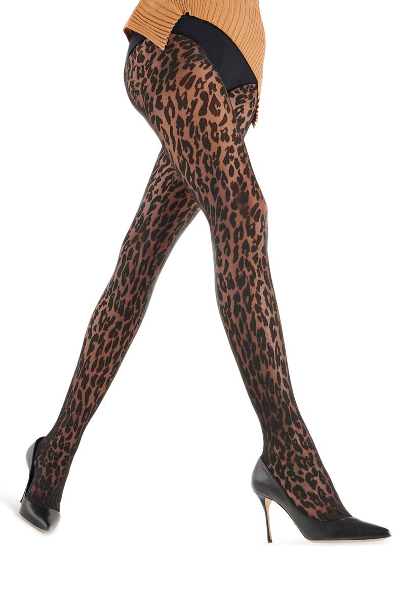Wolford Josey Leopard Pattern Tights, Alternate, color, Black/Black