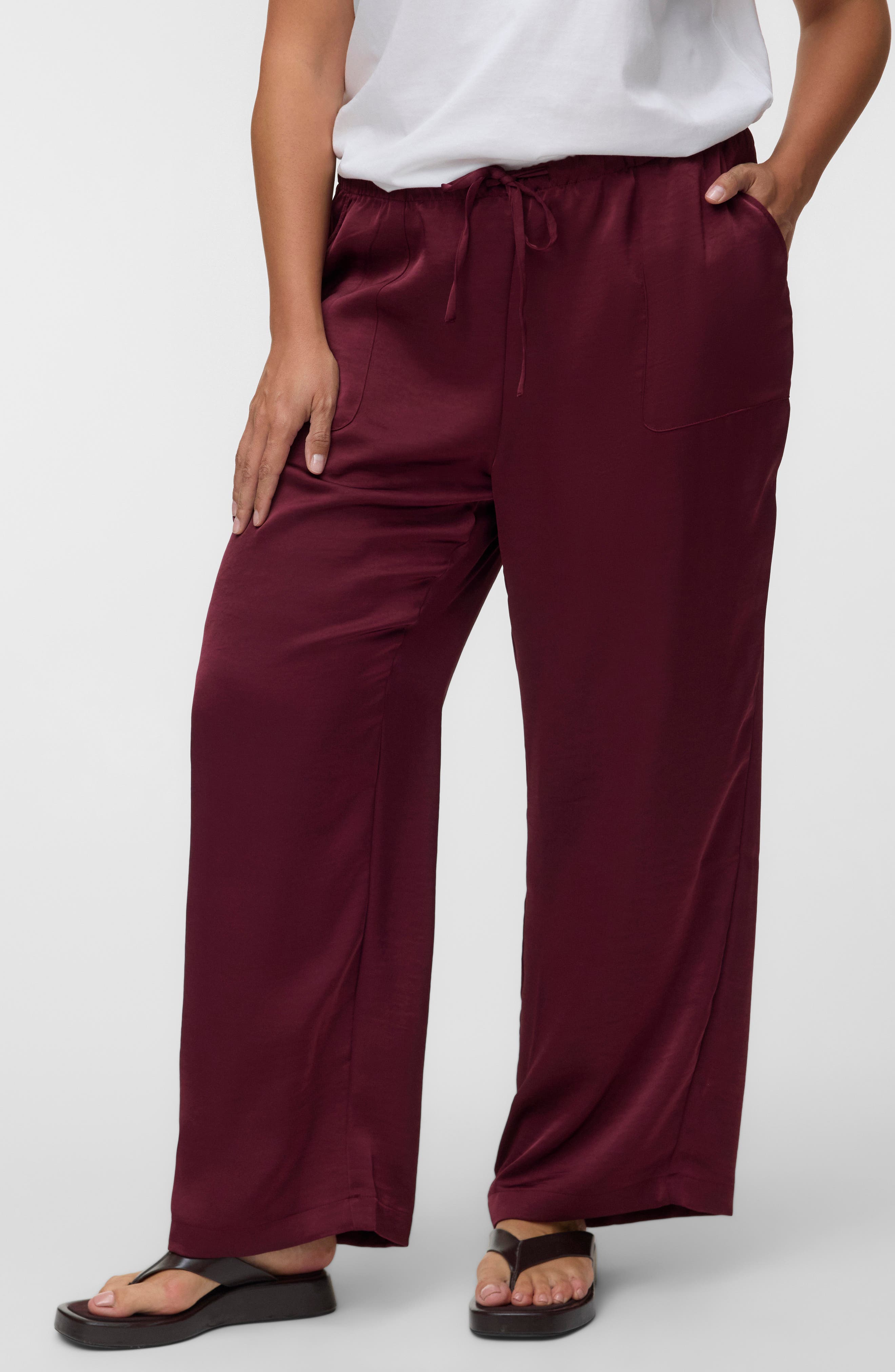 Satin Tie Waist Wide Leg Pants