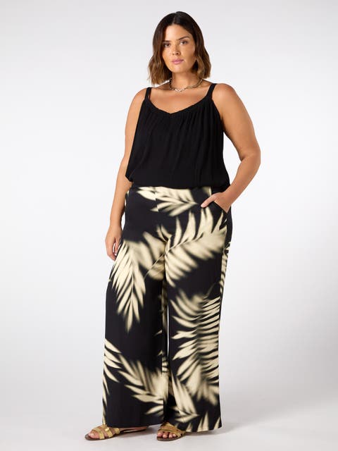 Leaf Print Wide Leg Pull On Pants