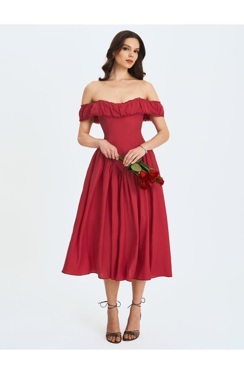 Miss Circle Xavy Drop Waist Off-Shoulder Corset Midi Dress, Alternate, color, Crimson