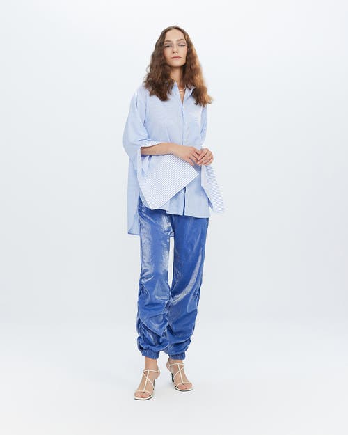 Theo The Label Echo Side Button Boyfriend Stripe Shirt In Sky Blue