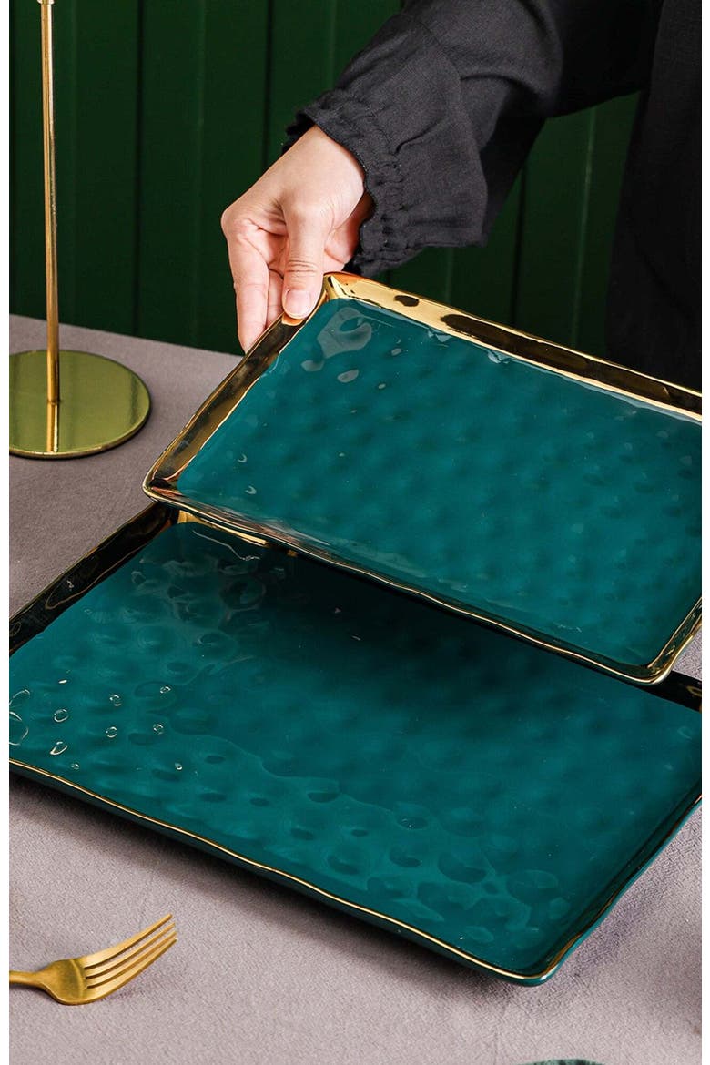 Florian Porcelain 2-Piece Serving Rectangular Plate Set, Alternate, color, Green