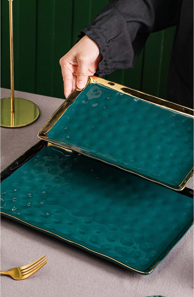 Stone Lain Florian Porcelain 2-Piece Serving Rectangular Plate Set, Alternate, color, Green