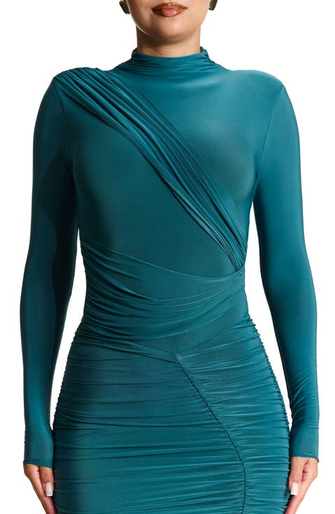 Drama Ruched Long Sleeve Ribbed Body-Con Bodysuit