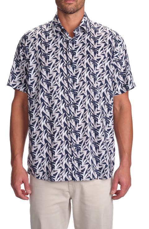 Leaf Print Short Sleeve Button-Up Shirt