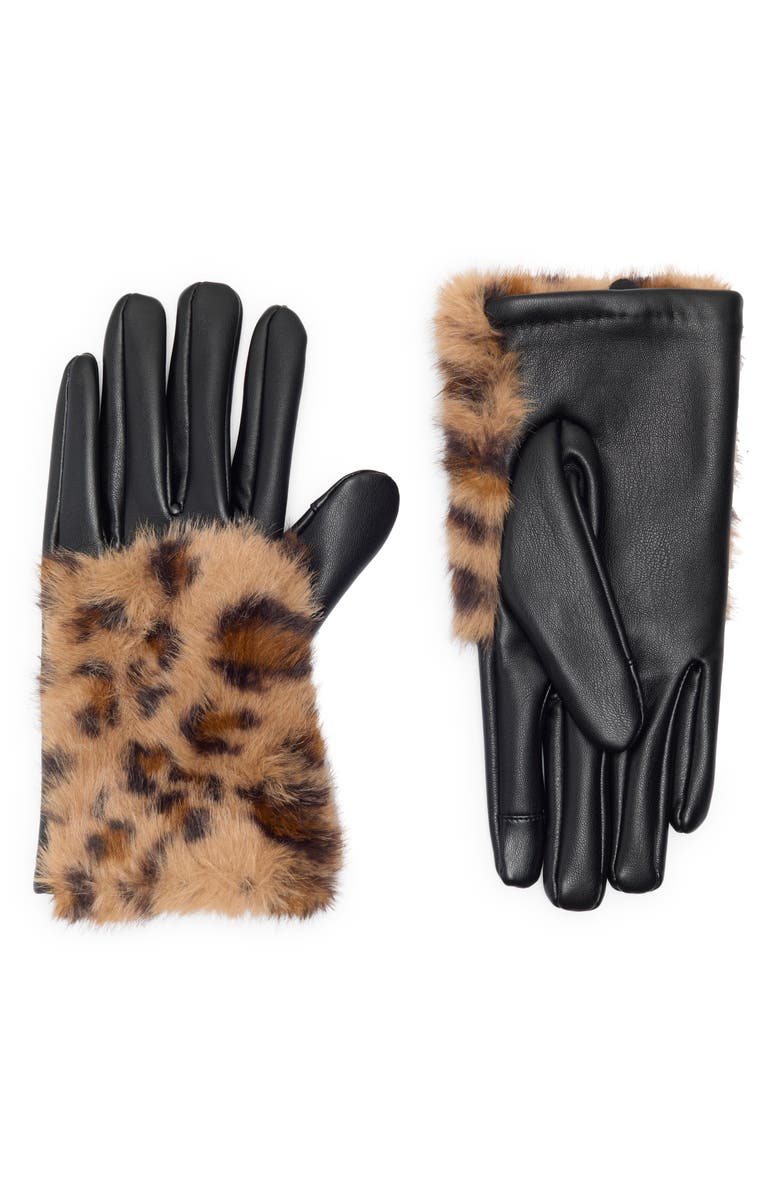 Steve Madden Faux Leather Gloves with Faux Fur Cuffs, Main, color, Black Leopard
