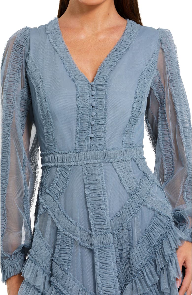Mac Duggal Long Sleeve V Neck Mesh Micro Ruffle Midi Dress, Alternate, color, Slate Blue