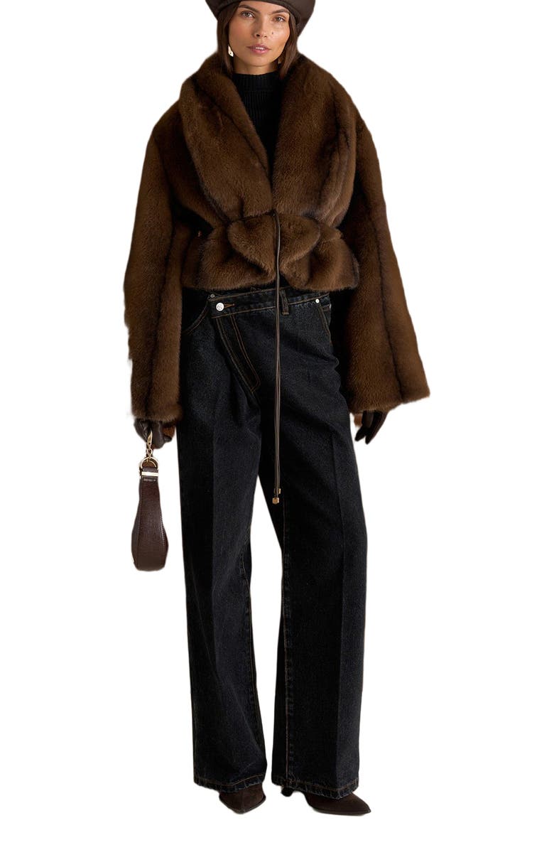 Manière De Voir Nola Fur Shawl Jacket with Leather Belt, Alternate, color, 
