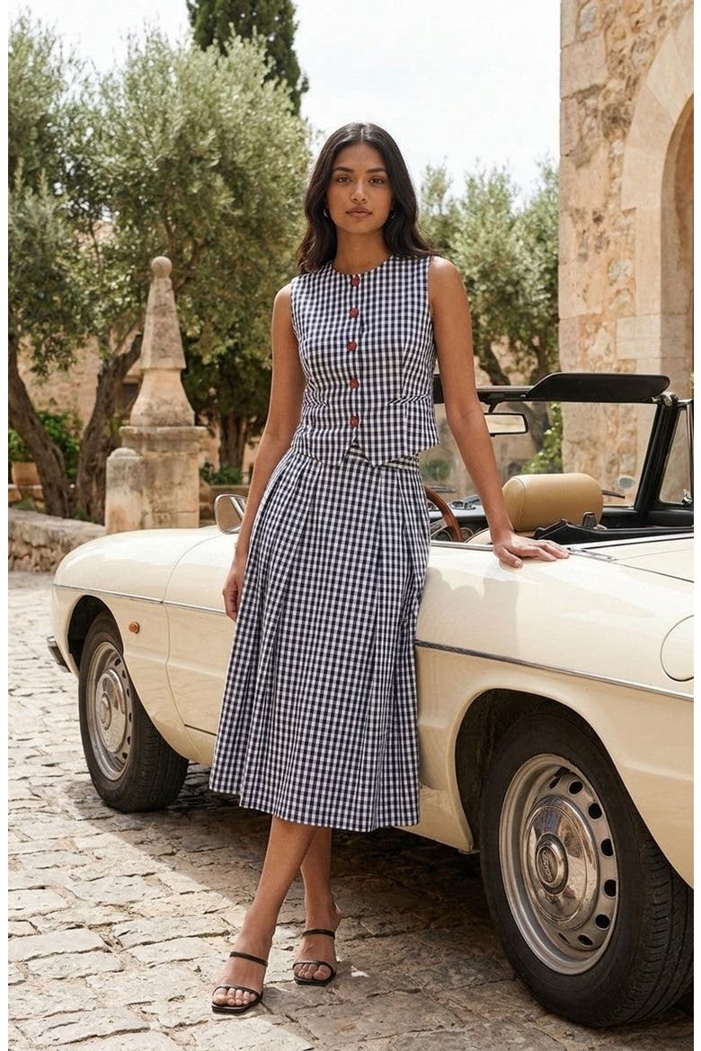 High Waist Pleated Gingham Skirt, Alternate, color, Blue