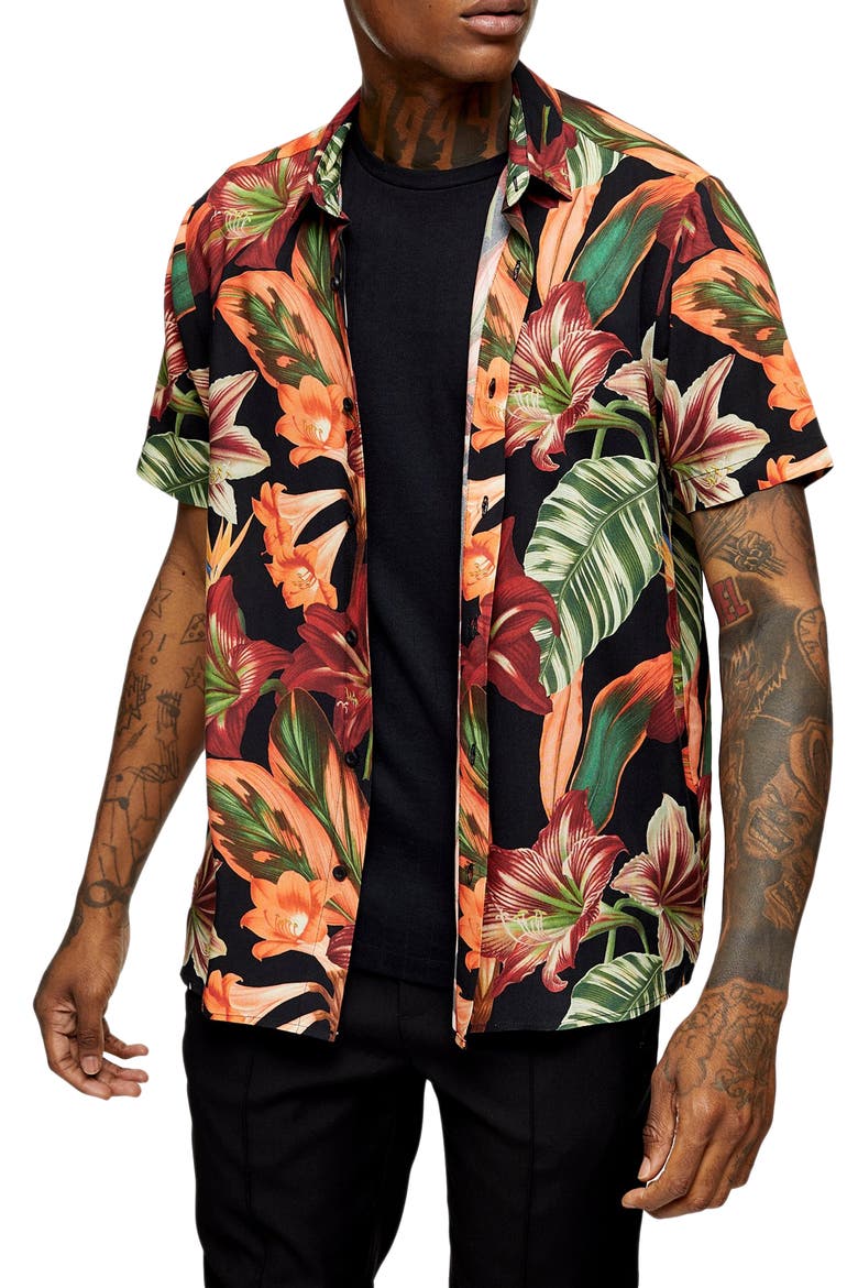 Lily Slim Fit Floral Short Sleeve Button-Up Shirt, Main, color, BLACK MULTI