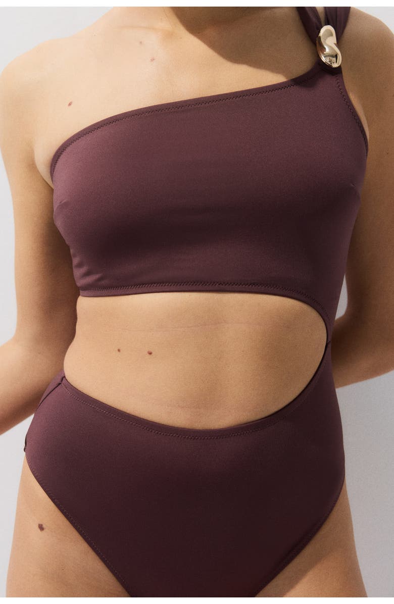 H&M Padded-cup One-shoulder Swimsuit, Alternate, color, Dark Brown