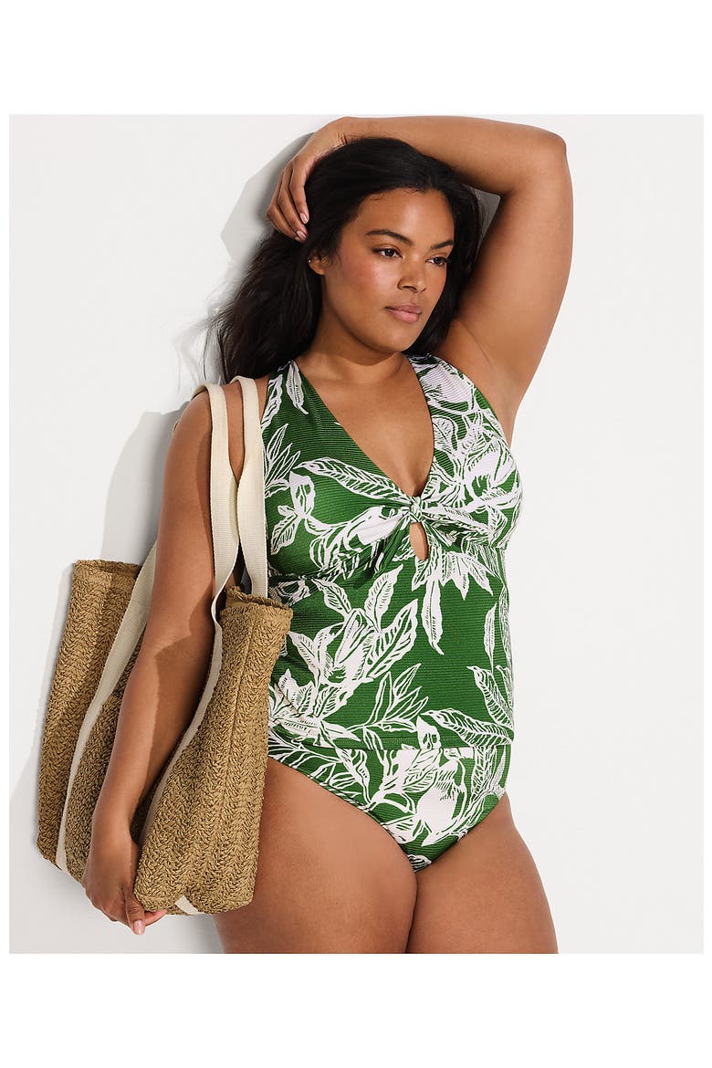 Shine Ribbed Tankini Top and High Waisted Bottom Swimsuit Set, Alternate, color, Green Etched Leaves Shine