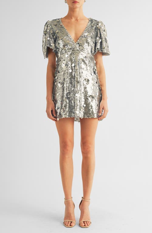 Arose Studio Luna Sequin Puff Sleeve Cocktail Minidress In Gray