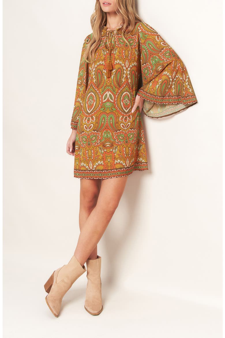 Print Long Sleeve Minidress, Alternate, color, CAMEL