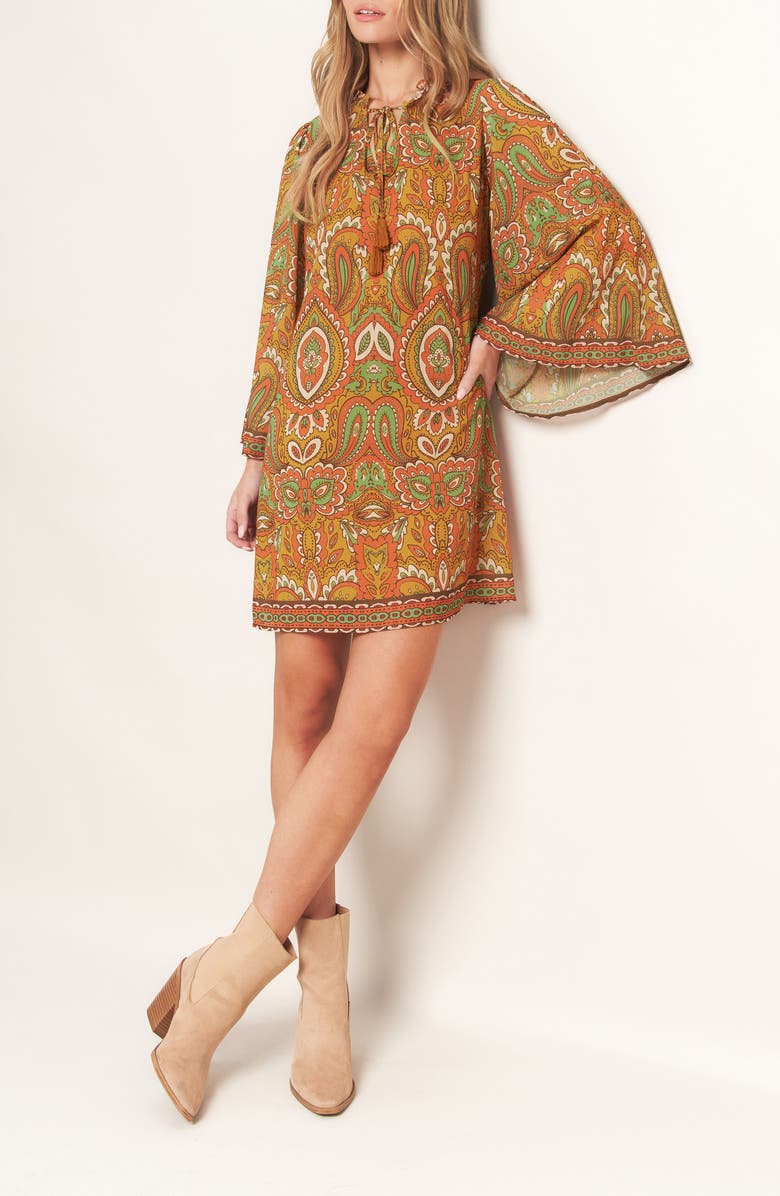 FLYING TOMATO Print Long Sleeve Minidress, Alternate, color, Camel