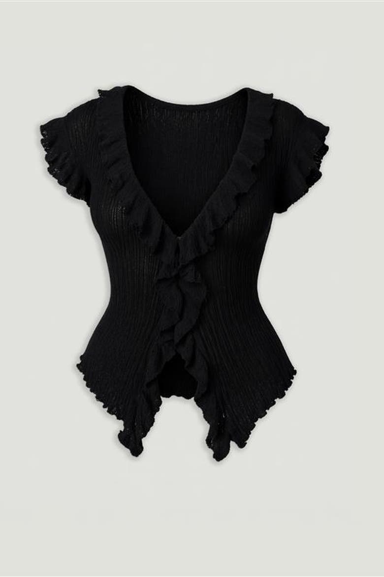 Ruffled V-Neck Sheer Blouse, Alternate, color, Black