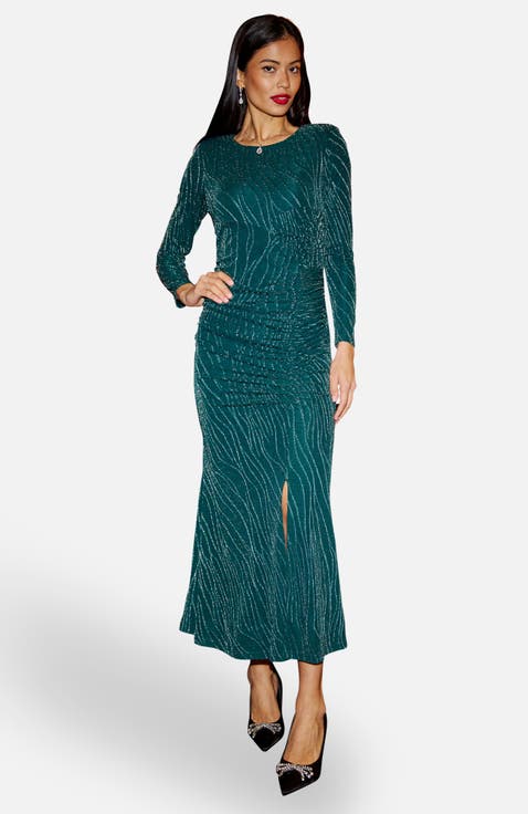 Mesh Fitted Ruched Midi Dress