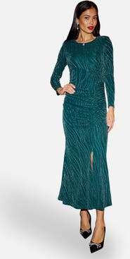 Yumi Mesh Fitted Ruched Midi Dress