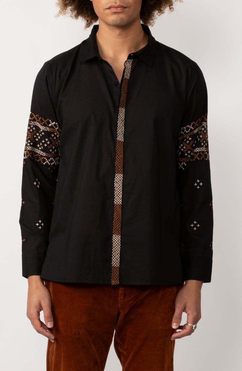 Raga Man Stuvan Embroidered Fair Isle Cotton Button-Up Shirt, Main, color, 012 Black
