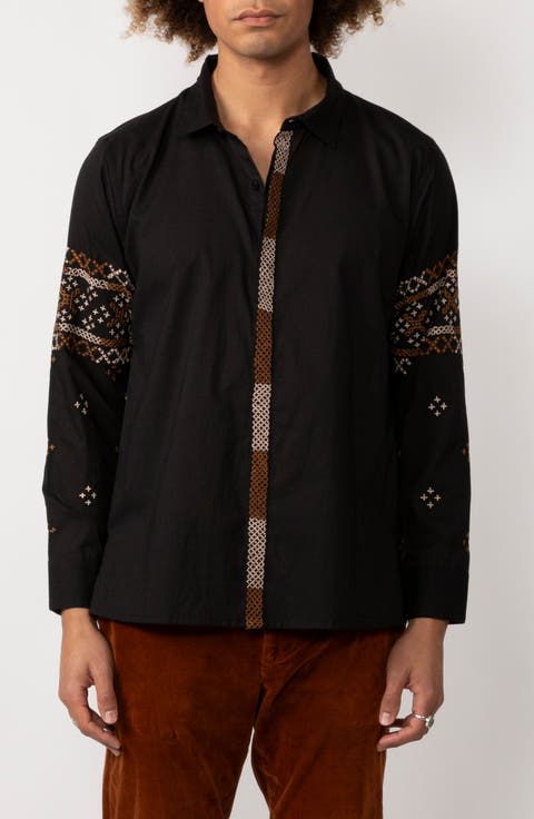Stuvan Embroidered Fair Isle Cotton Button-Up Shirt