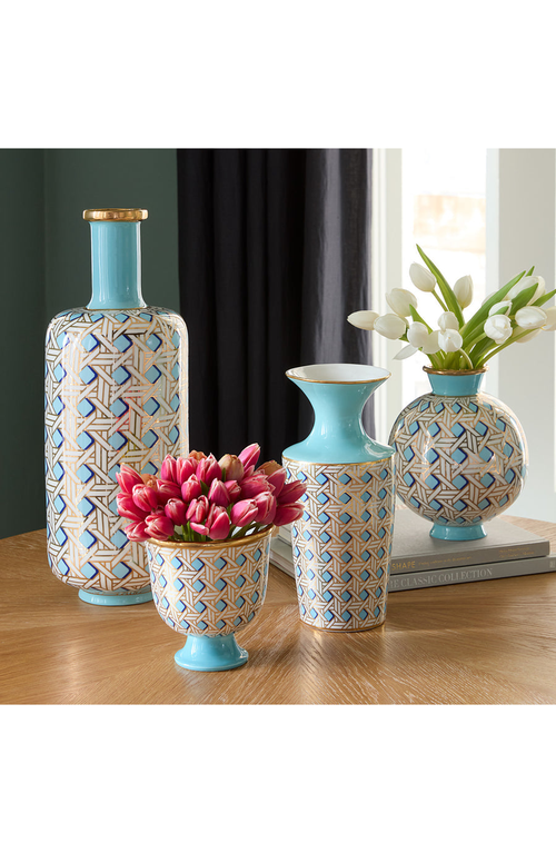 Jonathan Adler Basketweave Pedestal Decorative Bowl In White/light Teal/gold