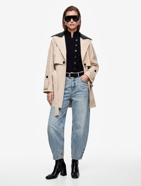 Long Sleeve Contrast Notched-collar Gabardine Trench Coat With Belted