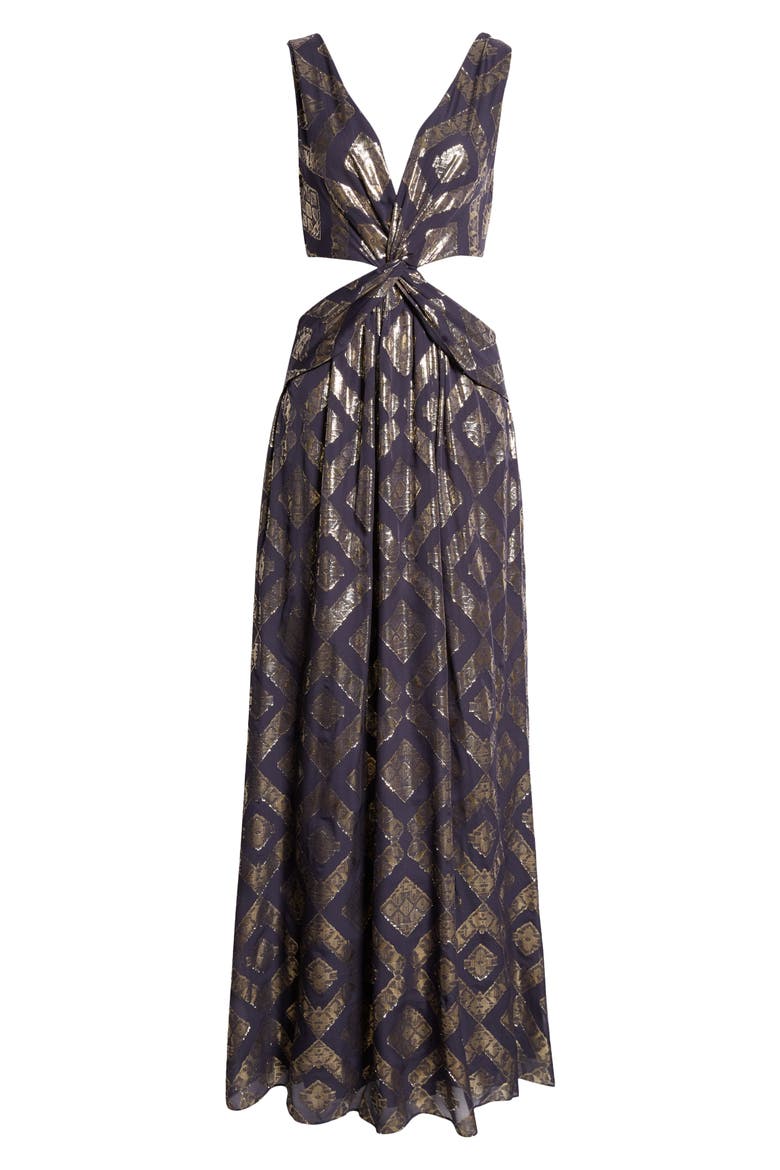 Irene Metallic Cutout Silk Blend Gown, Alternate, color, NAVY METALLIC JACQUARD