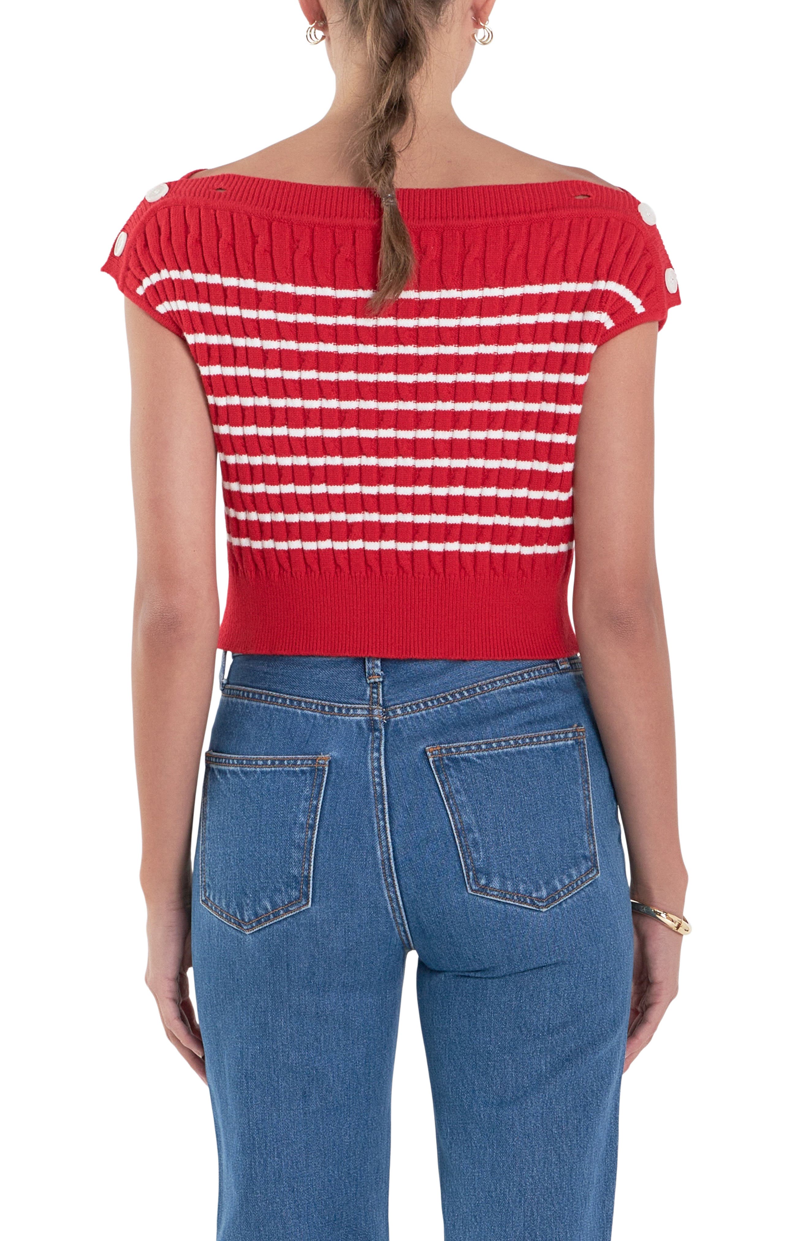 Button Shoulder Stripe Cable Stitch Sweater - image 2