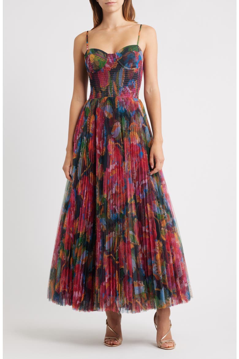 Smocked Tulle Gown, Main, color, BLACK FLORAL