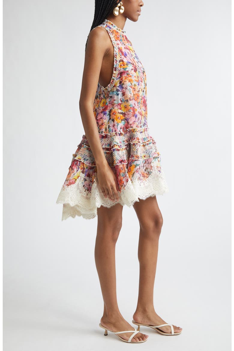 Luna Shirred Silk & Linen Organza Lantern Dress, Alternate, color, MULTI FLORAL