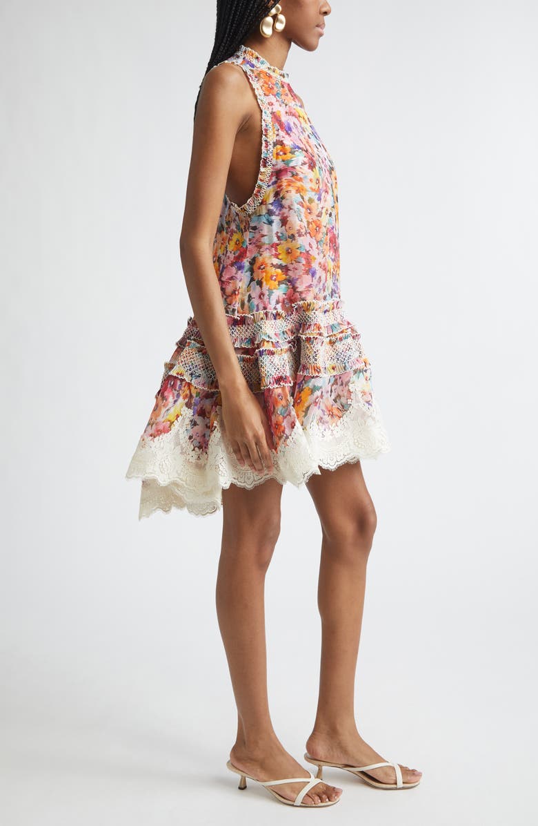 Zimmermann Luna Shirred Silk & Linen Organza Lantern Dress, Alternate, color, Multi Floral