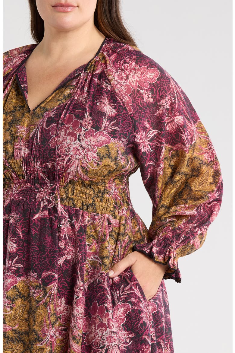 Long Sleeve Smocked Bodice Midi Dress, Alternate, color, PURPLE- YELLOW PAISLEY PATCH